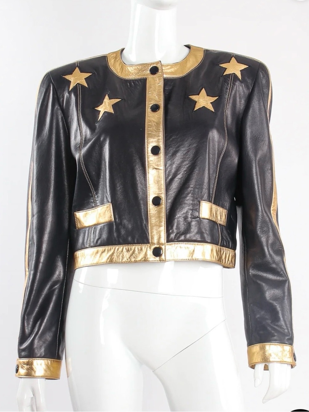 Escada 1990s Black & Gold Leather Star Jacket by Margaretha Ley